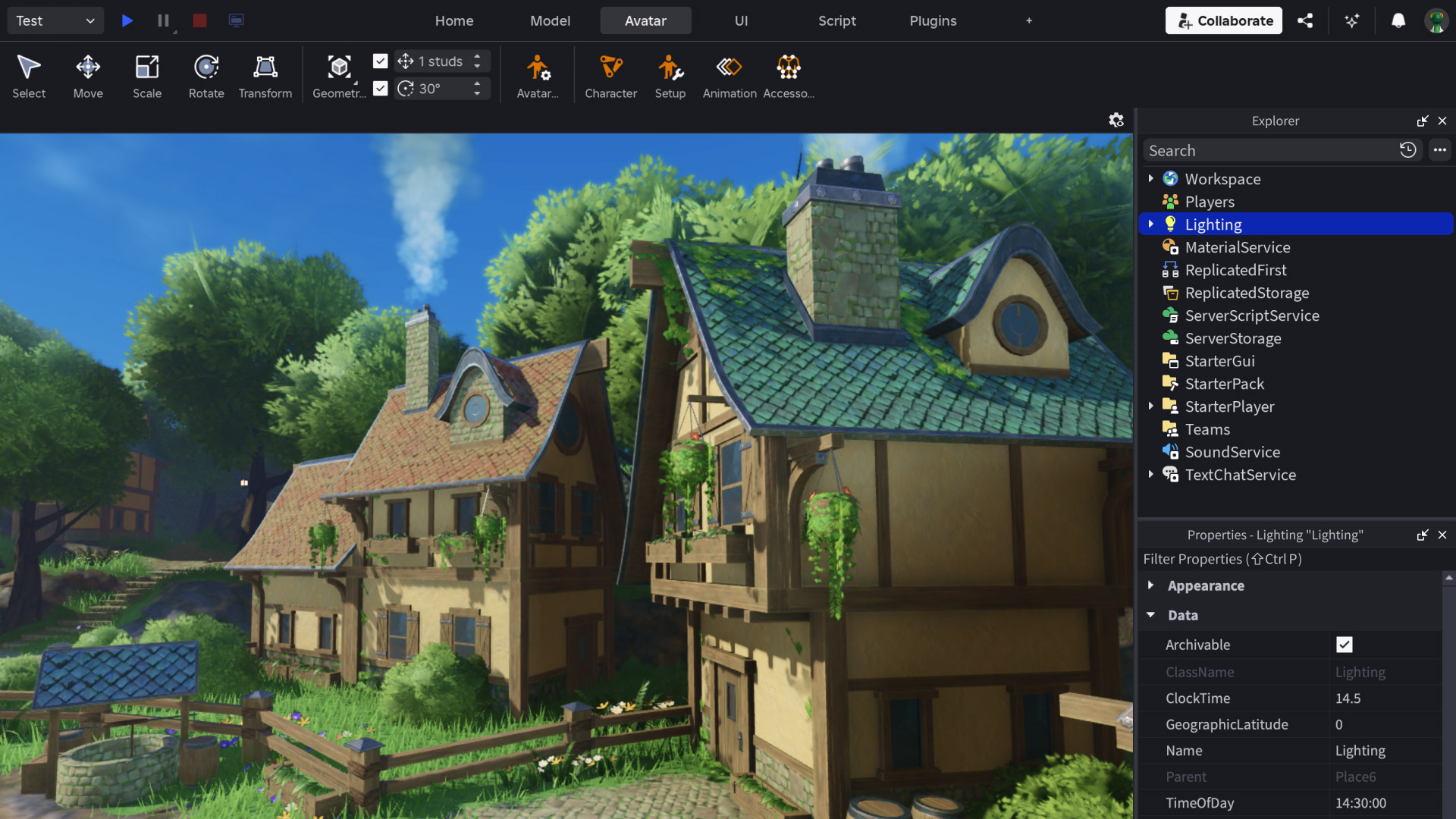 Roblox Studio scene with a stylized village build open for review